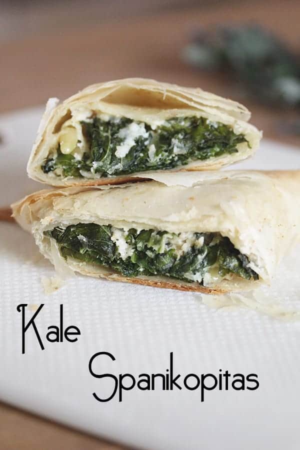 Kale Spanakopitas stacked on a white plate