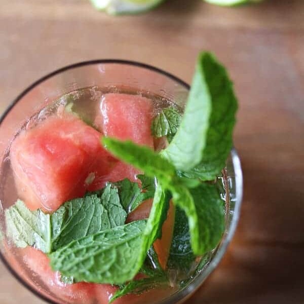 overhead shot of virgin watermelon sangria with fresh mint