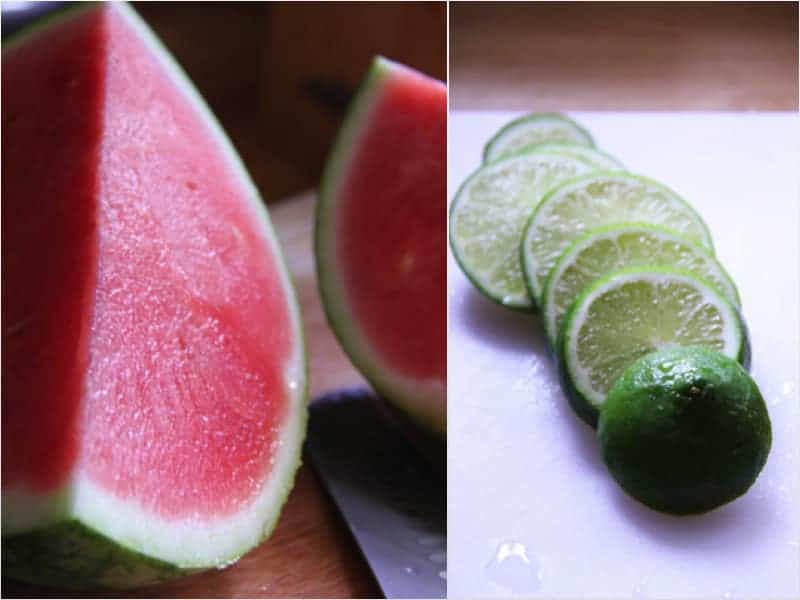 Collage image of a watermelon cut in half and fresh lime slices 