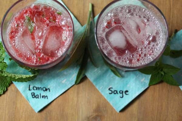 Two glasses of Raspberry Herb Smash Cocktail one using lemon balm and other using sage