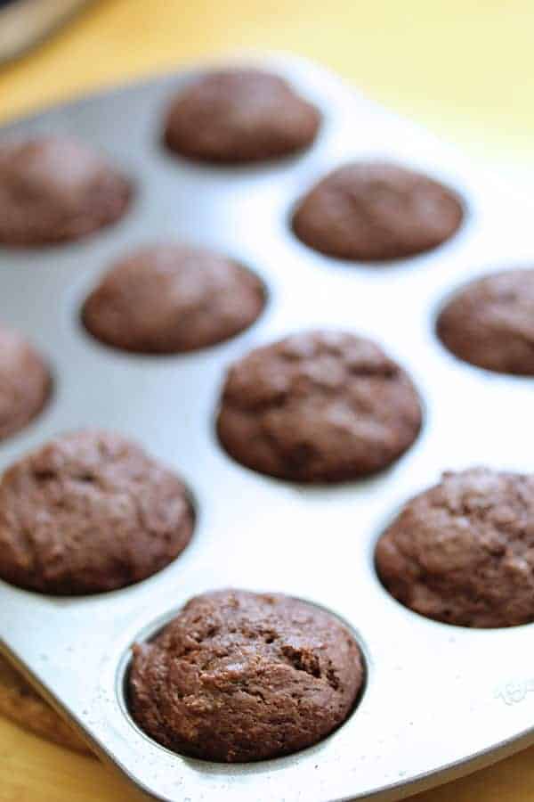  Chocolate Donut Holes in a mini muffin pan after baking