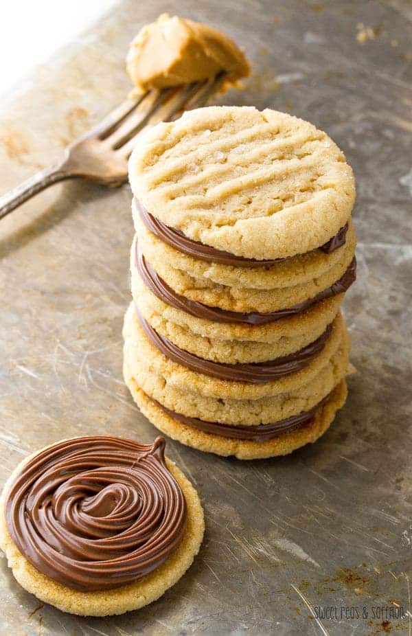Stack of three Nutella and Peanut Butter Sandwich Cookies