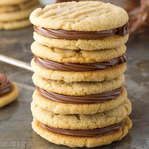stack of three salted nutella and peanut butter sandwich cookies