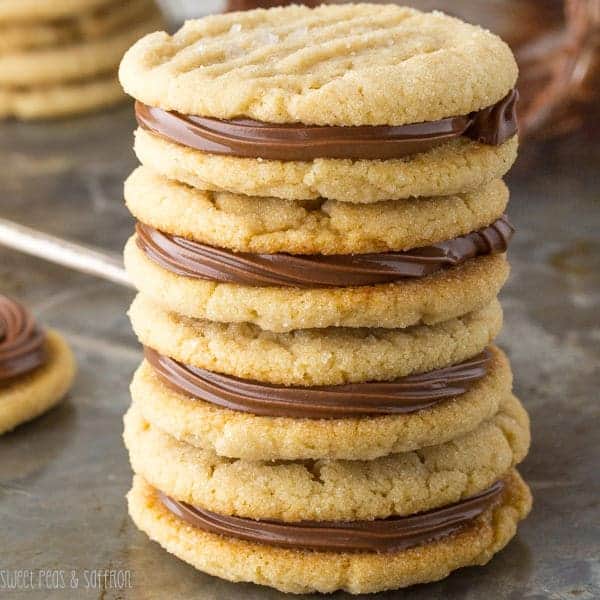 Close up view of stack of four Nutella and Peanut Butter Sandwich Cookies