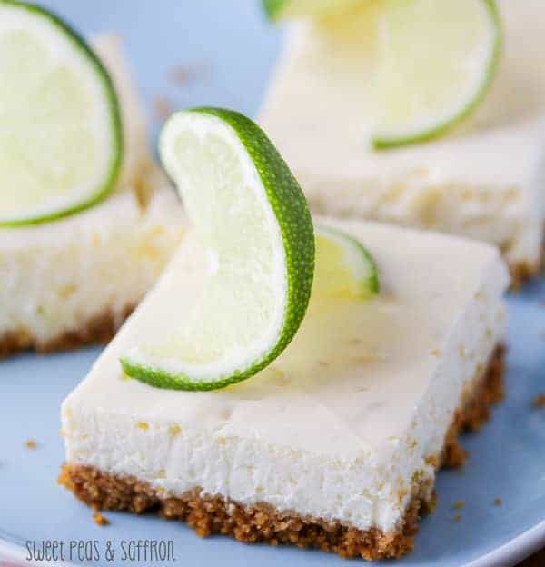 Close up shot of Lime Cheesecake Bar with lime garnish