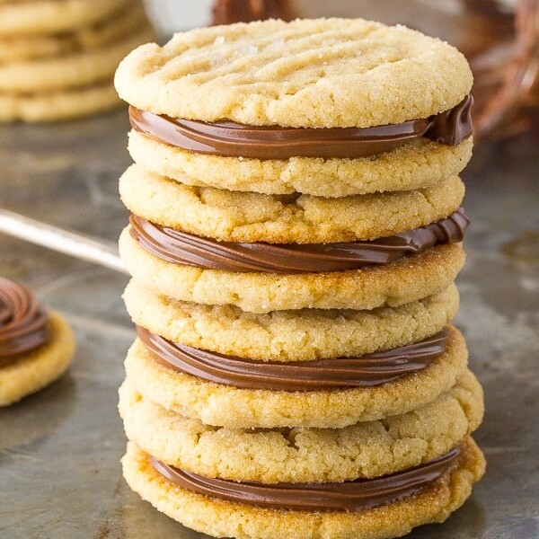 stack of four salted nutella and peanut butter sandwich cookies