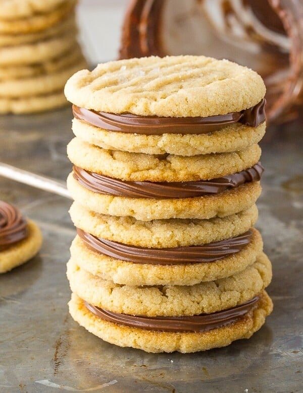 stack of four salted nutella and peanut butter sandwich cookies