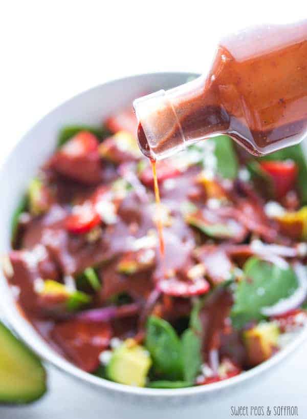 strawberry spinach salad with roasted strawberry vinaigrette