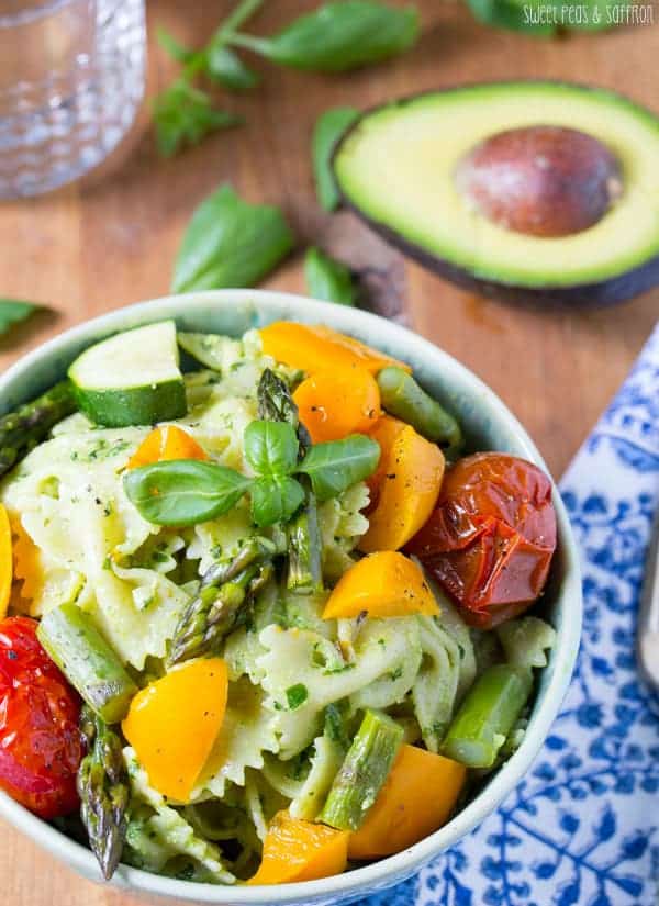 Avocado Pesto Pasta Salad with Roasted Summer Vegetables | sweetpeasandsaffron.com