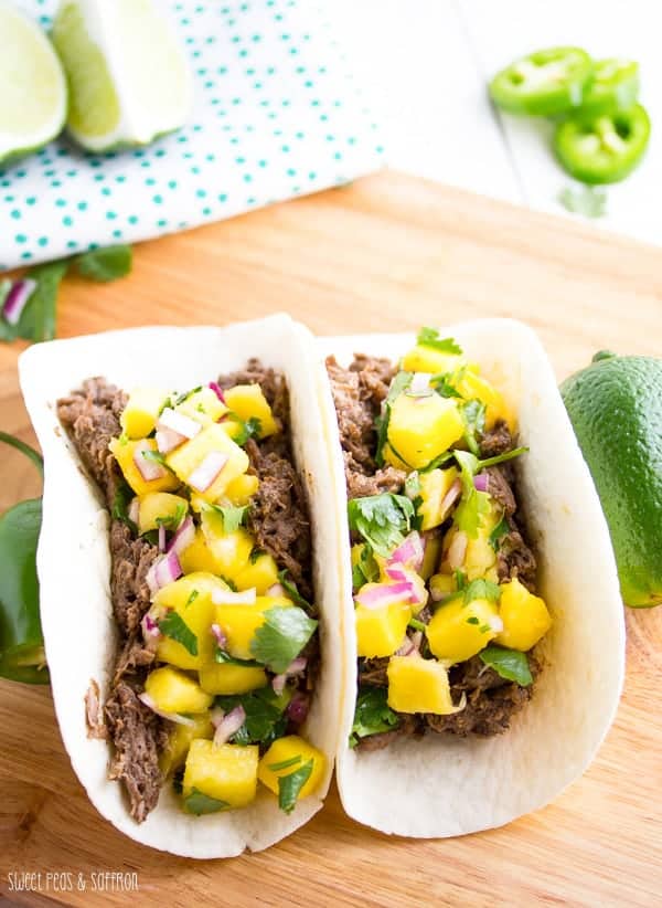 slow cooker jerk beef tacos with mango salsa