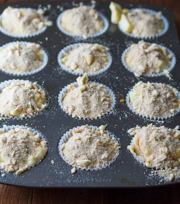 Apple Coffee Cake Muffins before baking in a muffin baking pan