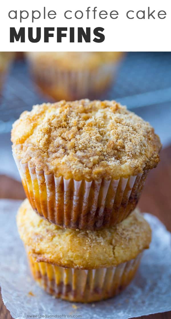 Stack of two Apple Coffee Cake Muffins on parchment paper