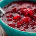 raspberry balsamic cranberry sauce in blue bowl