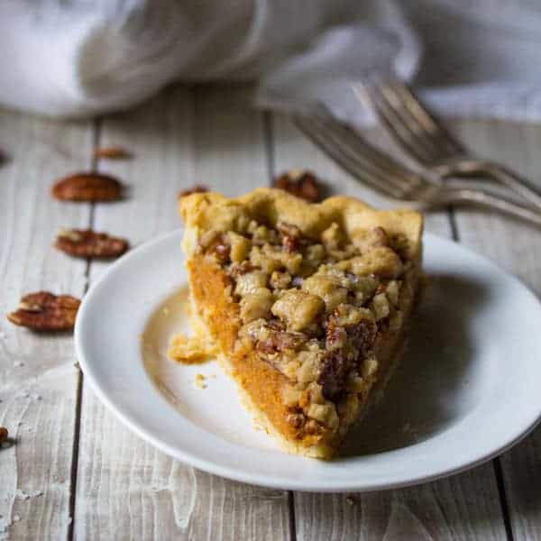 bourbon pumpkin pie with salted brown-butter pecan streusel
