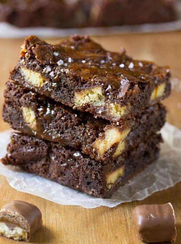 Close up view of stack of three Salted Caramel Brownies