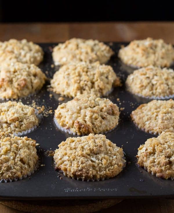 Glazed Maple Walnut Oatmeal Muffins in rows in a muffin tin