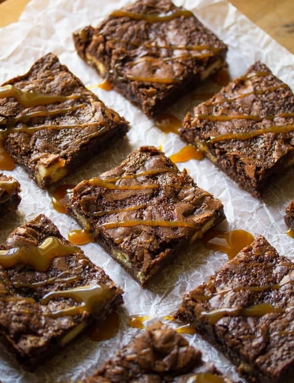 rows of salted caramel twix brownie squares