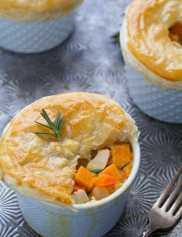 rosemary sweet potato chicken pot pies on metal tray