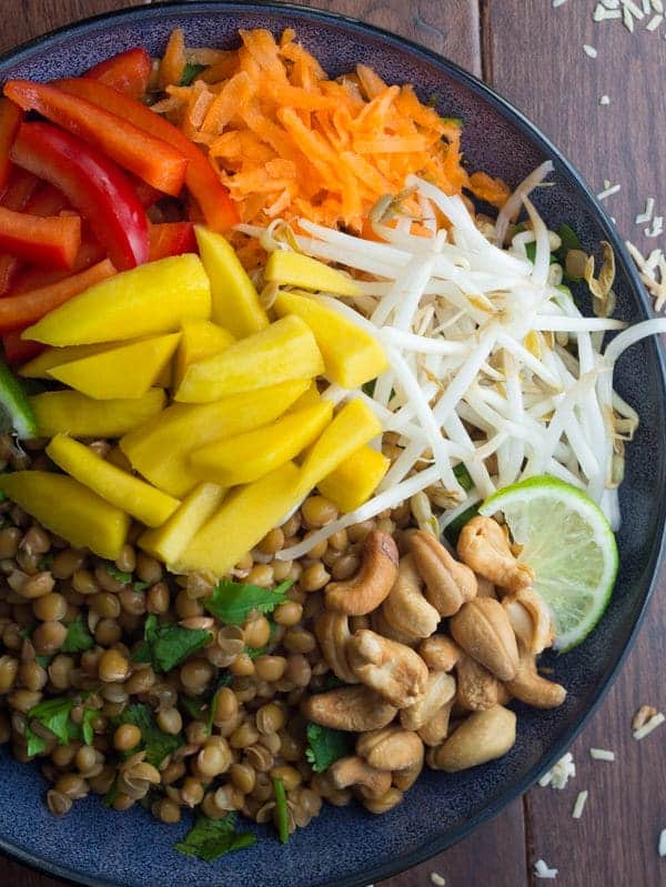 mango cashew lentil salad with coconut lime dressing in navy blue bowl