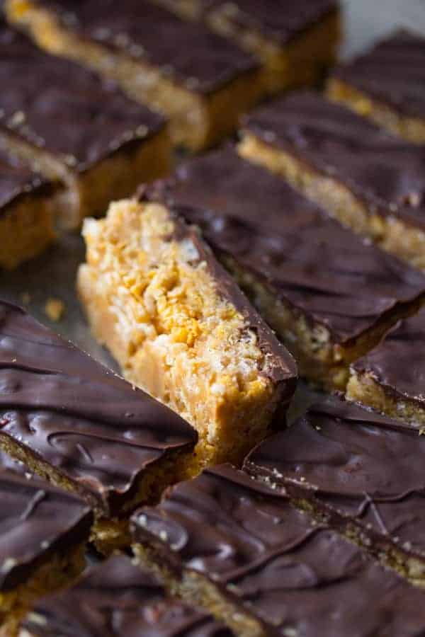 side angle view of rows of peanut butter bars with one on its side