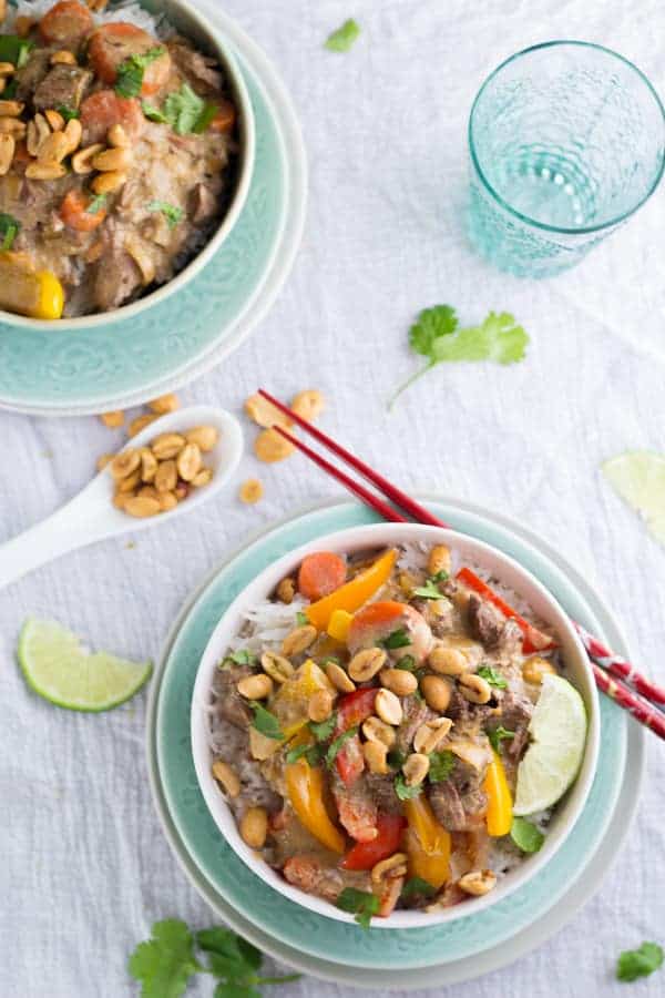 overhead view of two bowls of thai curry beef