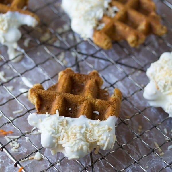 carrot cake waffle bites on wire rack