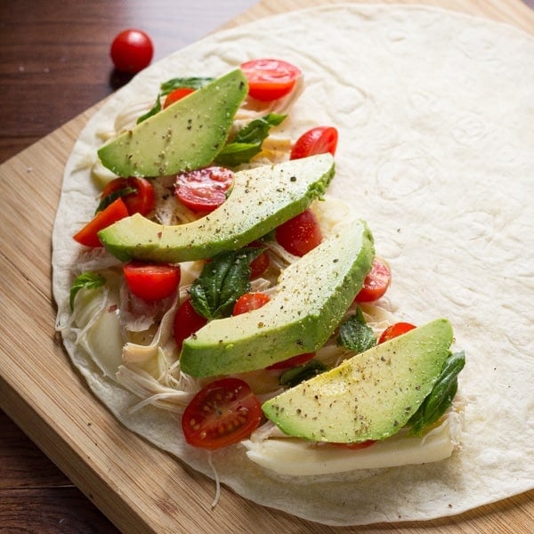 overhead shot of avocado caprese quesadilla filling