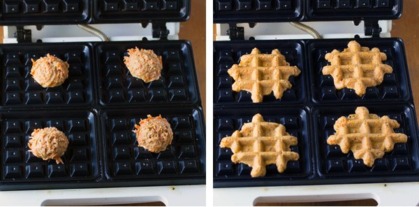 collage image showing before and after of cooking carrot cake waffle bites on waffle maker