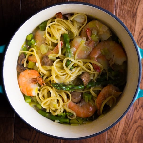 overhead view of one pot shrimp linguine after cooking