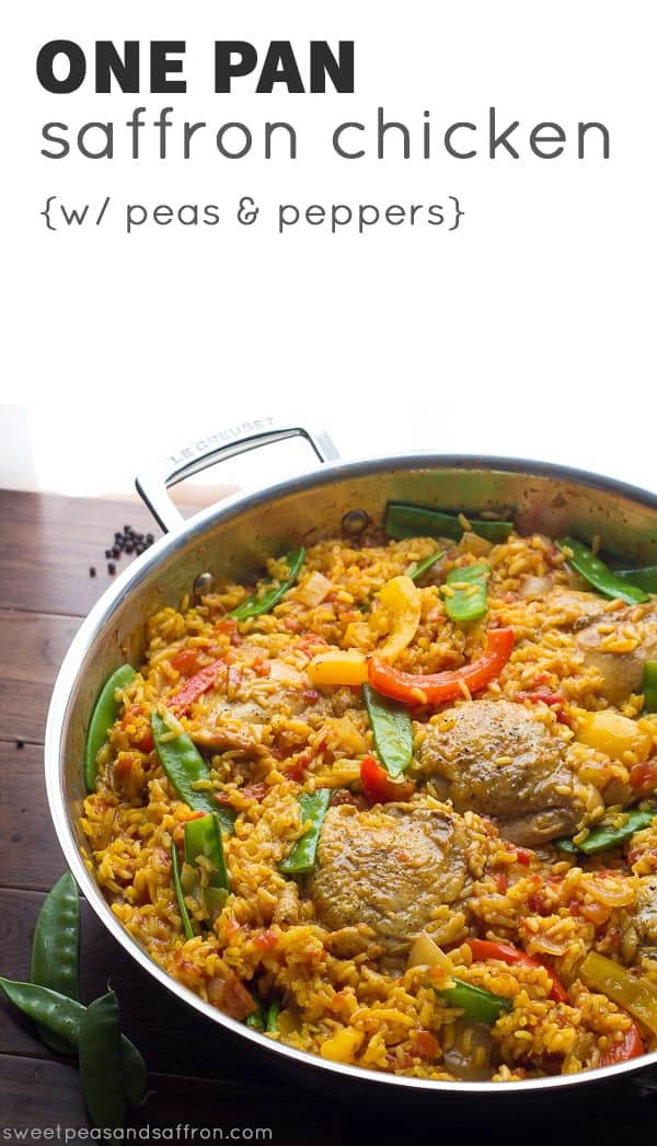 Chicken and Rice Skillet with peas and pepper slices