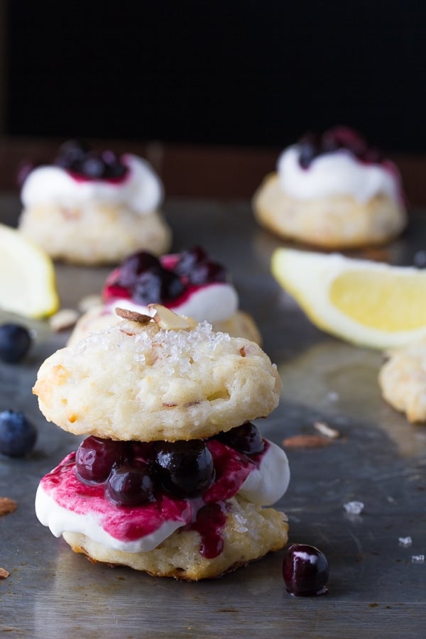 blueberry almond shortcake with a second shortcake on top as a 'sandwich'