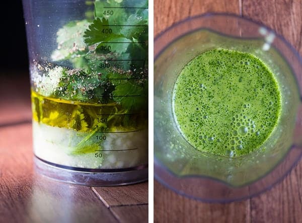 Cilantro Vinaigrette before and after blending