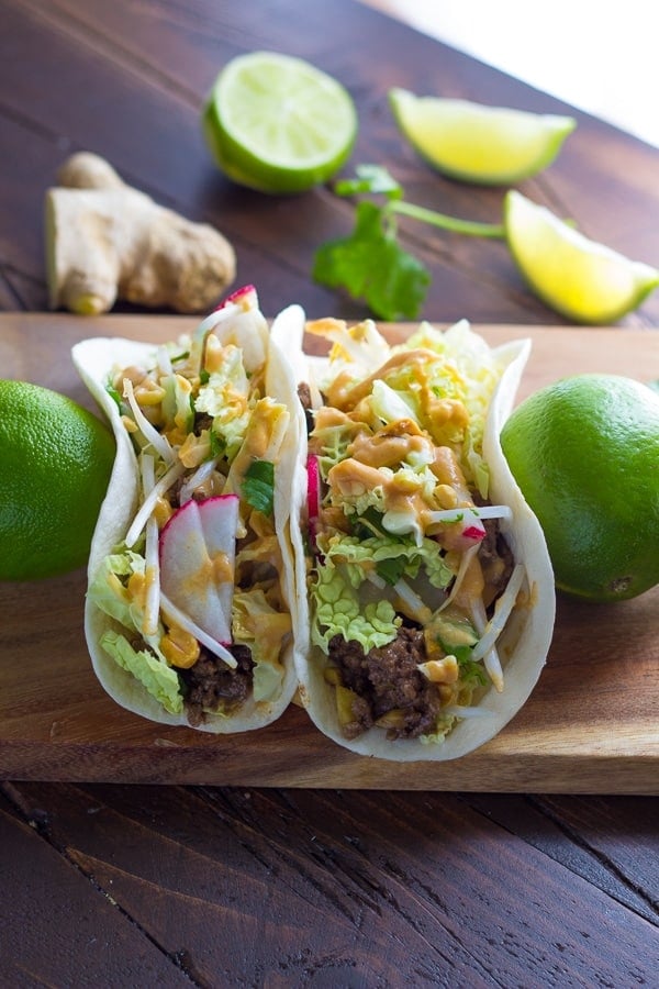 Asian Tacos with Ginger Beef and Peanut Sauce (30 minutes)