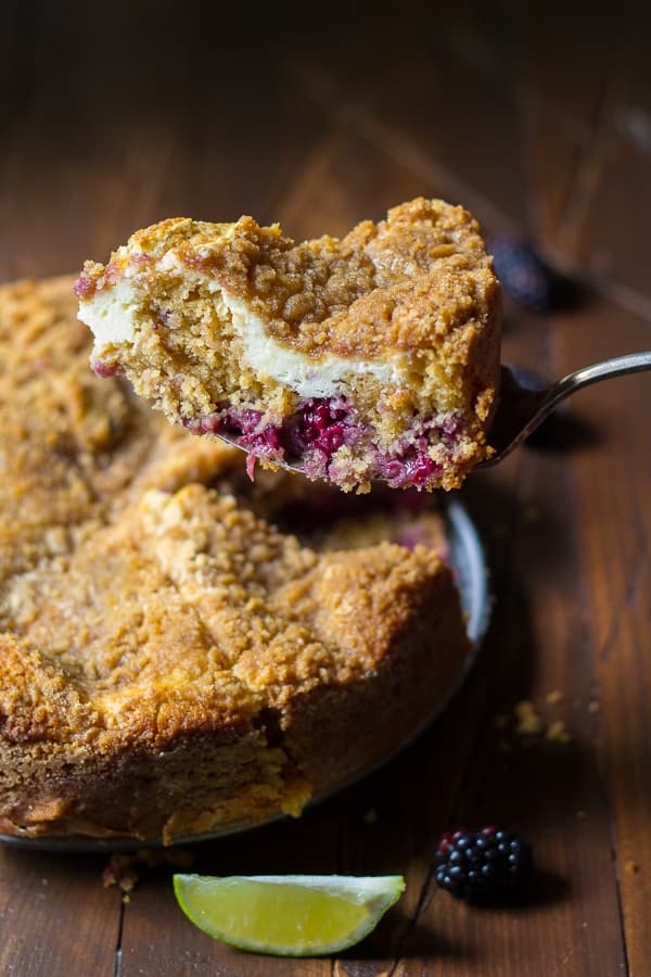 slice of cream cheese swirl coffee cake on spatula