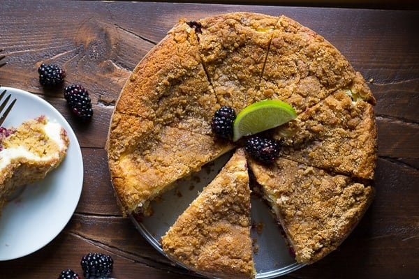 overhead view of sliced coffee cake