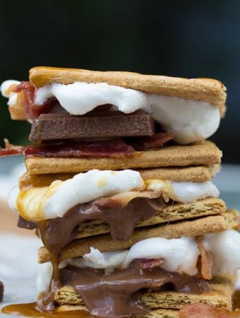 stack of three grilled caramel bacon smores