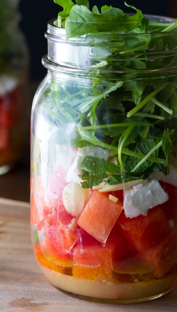 close up view of Arugula and Watermelon Salad in a Jar