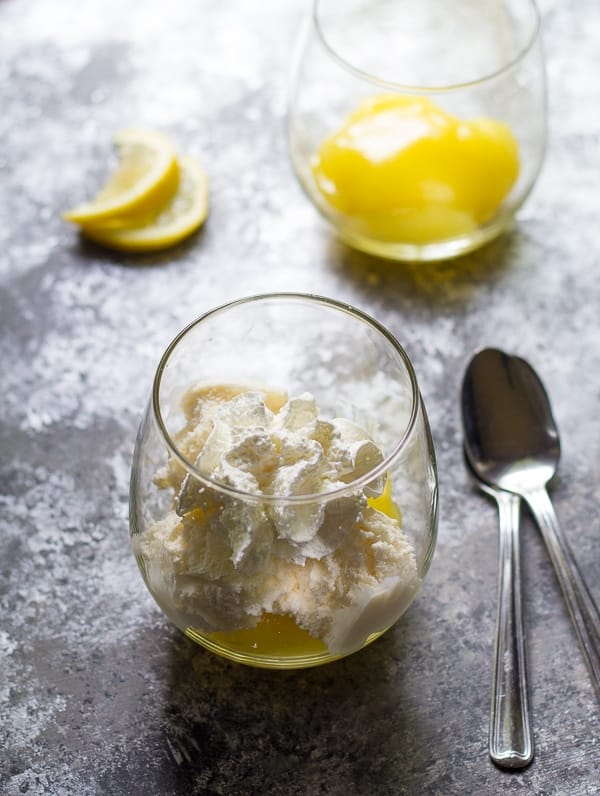 Assembling the lemon meringue pie ice cream sundae in glass