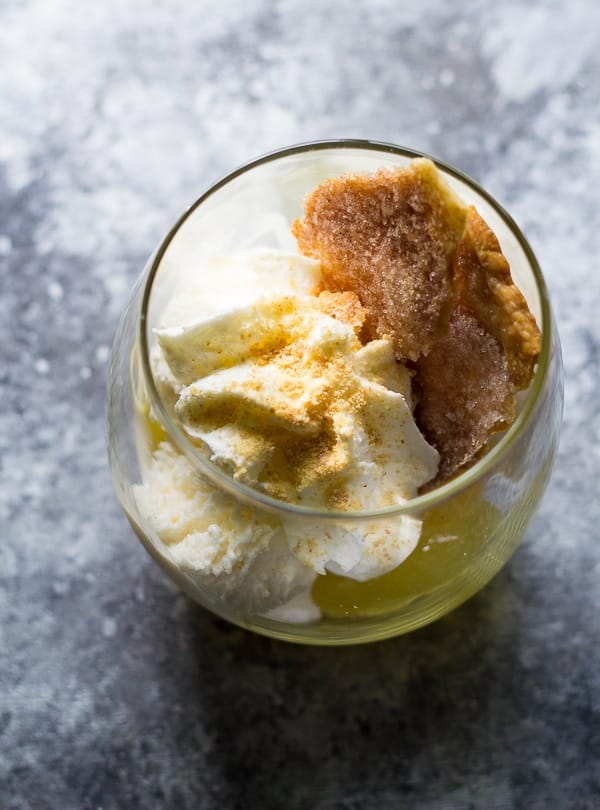 overhead shot of lemon meringue pie ice cream sundae in glass