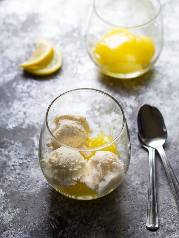Assembling the lemon meringue pie ice cream sundae in glass
