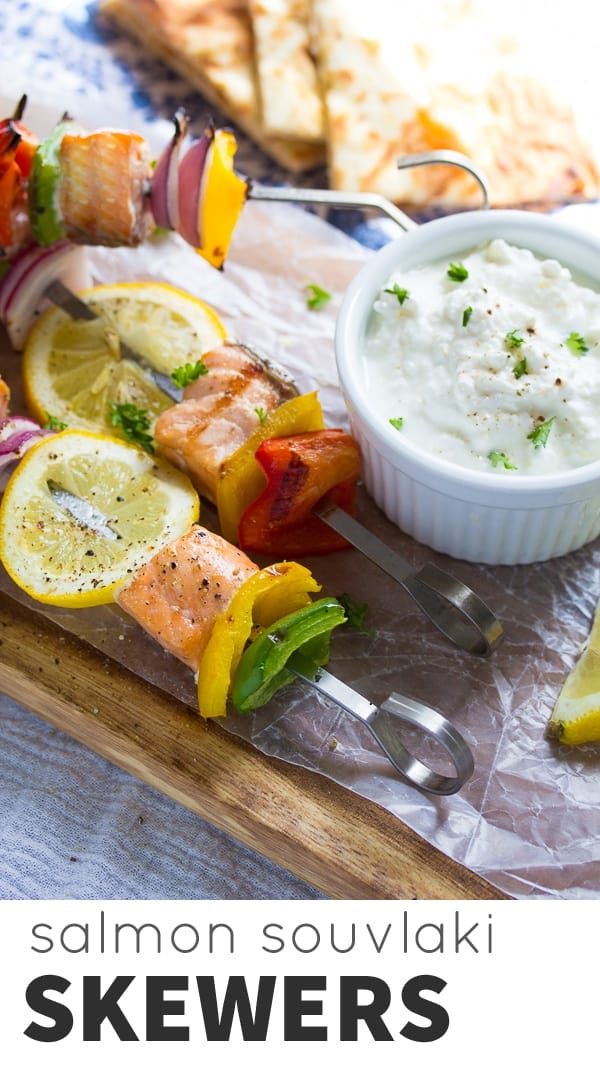 cooked souvlaki salmon skewers on cutting board