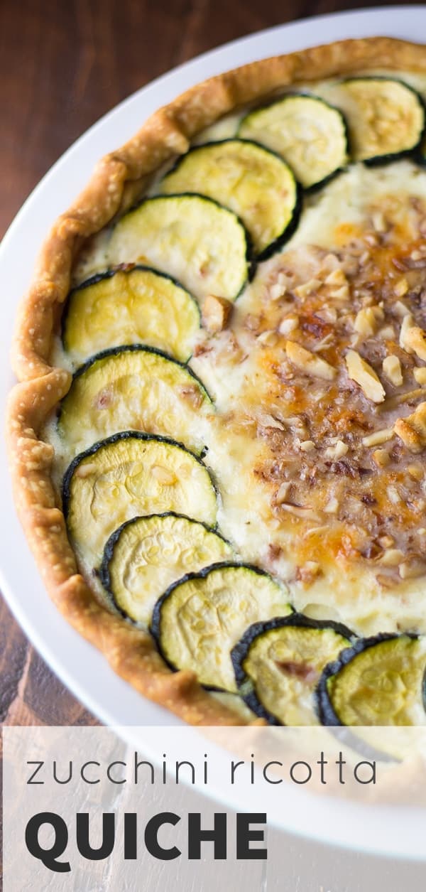 close up shot of zucchini ricotta quiche in pie plate