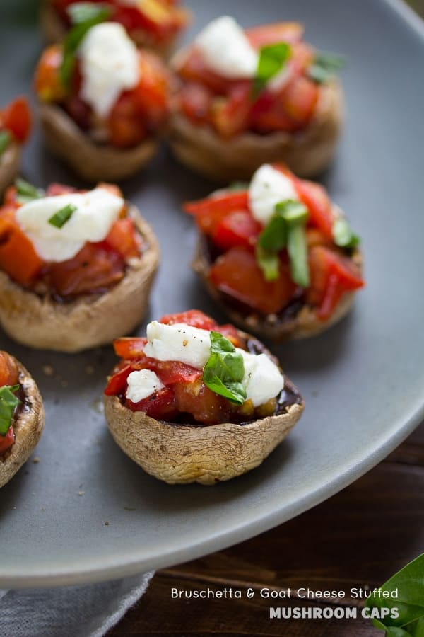 Bruschetta and Goat Cheese Grilled Mushroom Caps on plate