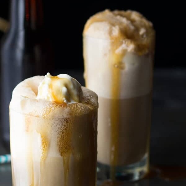 two caramel bourbon root bear floats in glasses