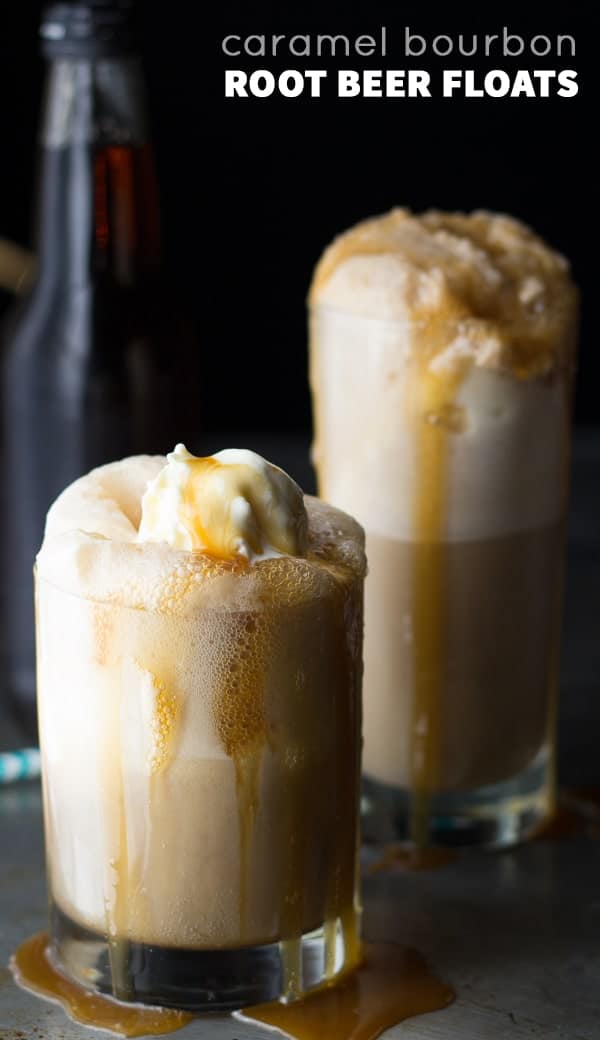 Bourbon Root Beer Floats in two glasses with caramel dripping down the sides