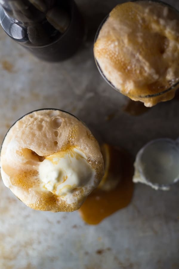 Overhead shot of Caramel Bourbon Root Beer Floats in serving glasses