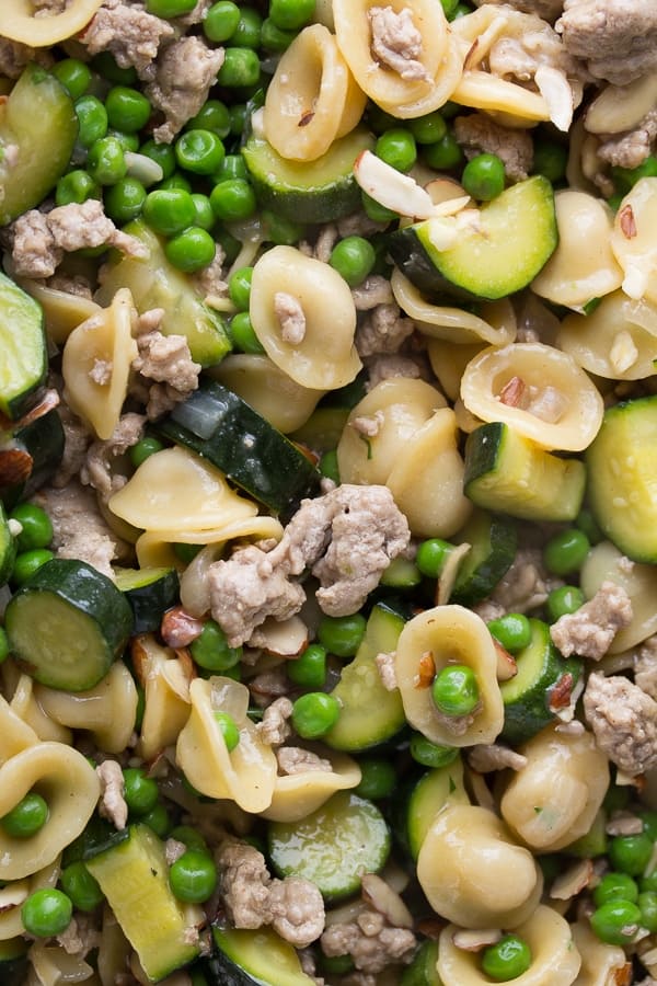 close up view of cooked one pan orecchiette recipe 