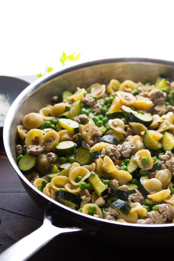 side angle view of One Pan orecchiette in skillet
