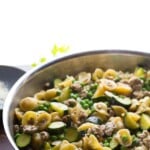 one pot orecchiette with ground turkey and zucchini in skillet