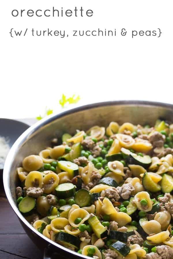 one pot orecchiette with ground turkey and zucchini in skillet